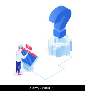 Customer support operator flat vector illustration. Young man, manager using digital monitor, question sign with cogwheel 3d cartoon character. Machine learning, artificial intelligence, AI Stock Vector