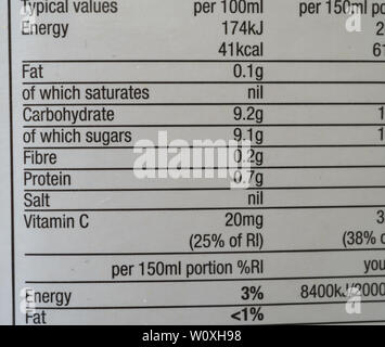 nutrition information on food package. UK Stock Photo