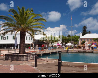 View Of St. George's Bermuda from ordinance Island and the White Horse Tavern on the left and the pastel-colored Butterfield Bank building. Stock Photo