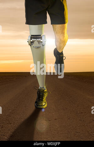 3D rendering of an orthopedic leg of a runner crossing the desert Stock Photo