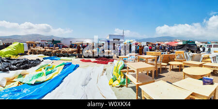 Oued Laou, Tetouan, Morocco - May 4, 2019: Panoramic view of the Souk of Oued Laou, where one can really buy anything Stock Photo