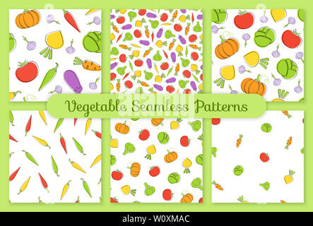 Outline seamless vegetable background set flat illustration. Background design with carrot, pumpkin, tomato and cabbage silhouette vegetable seamless texture in natural color for wallpaper Stock Photo
