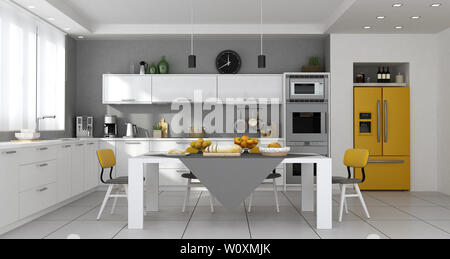 Modern kitchen with table set and built-in yellow fridge - 3d rendering Stock Photo