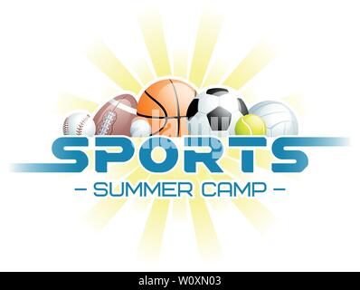 Sports Summer Camp concept with different Sports Balls and the sun. Vector illustration. Stock Vector