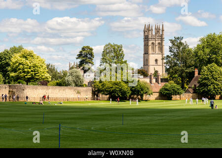 Brightly sunlit Magdalen Tower seen across Christ Church Meadows playing fields on a beautiful summer's day in the famous university town of Oxford. Stock Photo