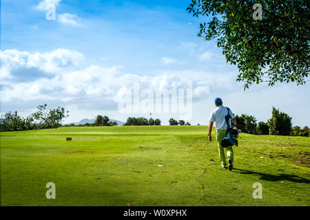 Golfer on the golf course, with palm trees in Tenerife Stock Photo