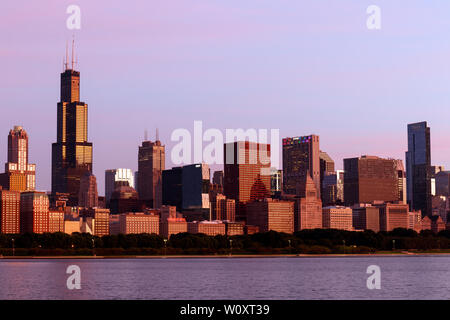 Chicago - Circa June 2019: Windy City downtown skyline from Lake Michigan on a sunny day. Chicago is home to the Cubs, Bears, Blackhawks and deep dish Stock Photo