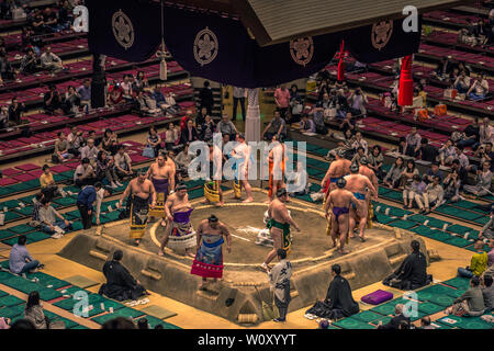 Tokyo - May 19, 2019: Sumo wrestling match in the Ryogoku arena, Tokyo, Japan Stock Photo