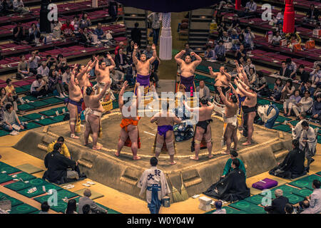 Tokyo - May 19, 2019: Sumo wrestling match in the Ryogoku arena, Tokyo, Japan Stock Photo