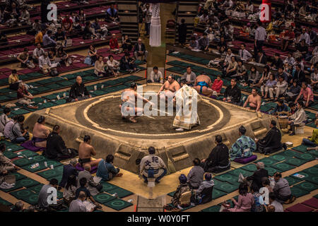 Tokyo - May 19, 2019: Sumo wrestling match in the Ryogoku arena, Tokyo, Japan Stock Photo