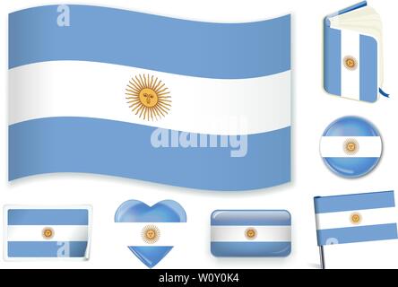 Argentinian national flag. Vector illustration. 3 layers. Shadows, flat flag, lights and shadows. Collection of 220 world flags. Accurate colors. Easy changes. Stock Vector