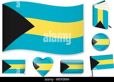 Bahamas national flag. Vector illustration. 3 layers. Shadows, flat flag, lights and shadows. Collection of 220 world flags. Accurate colors. Easy changes. Stock Vector