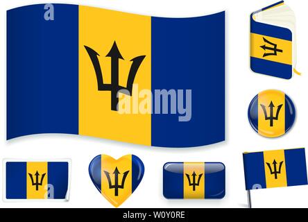 Barbados national flag. Vector illustration. 3 layers. Shadows, flat flag, lights and shadows. Collection of 220 world flags. Accurate colors. Easy changes. Stock Vector