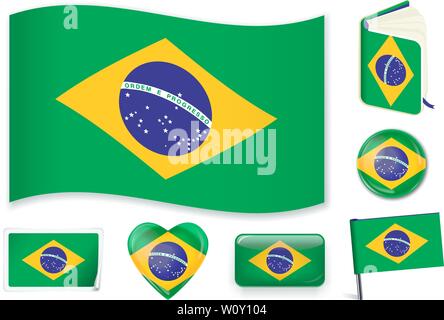 Brazilian national flag. Vector illustration. 3 layers. Shadows, flat flag, lights and shadows. Collection of 220 world flags. Accurate colors. Easy changes. Stock Vector