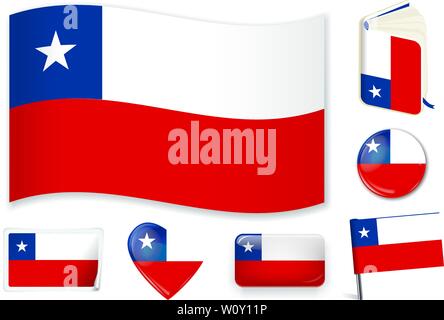 Chile national flag. Vector illustration. 3 layers. Shadows, flat flag, lights and shadows. Collection of 220 world flags. Accurate colors. Easy changes. Stock Vector