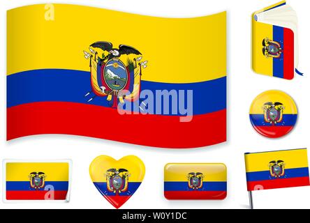 Ecuador national flag. Vector illustration. 3 layers. Shadows, flat flag, lights and shadows. Collection of 220 world flags. Accurate colors. Easy changes. Stock Vector