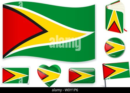 Guyana national flag. Vector illustration. 3 layers. Shadows, flat flag, lights and shadows. Collection of 220 world flags. Accurate colors. Easy changes. Stock Vector