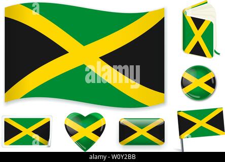 Jamaican national flag. Vector illustration. 3 layers. Shadows, flat flag, lights and shadows. Collection of 220 world flags. Accurate colors. Easy changes. Stock Vector