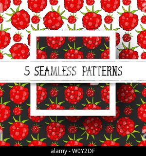 Set Seamless Background With Raspberries, Vector Image Ready For Your Design Stock Vector
