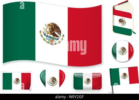 Mexican national flag. Vector illustration. 3 layers. Shadows, flat flag, lights and shadows. Collection of 220 world flags. Accurate colors. Easy changes. Stock Vector