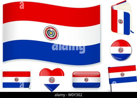 Paraguay national flag. Vector illustration. 3 layers. Shadows, flat flag, lights and shadows. Collection of 220 world flags. Accurate colors. Easy changes. Stock Vector
