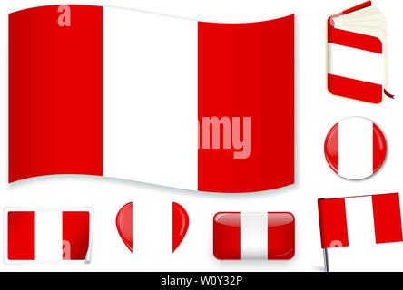 Peruvian national flag. Vector illustration. 3 layers. Shadows, flat flag, lights and shadows. Collection of 220 world flags. Accurate colors. Easy changes. Stock Vector