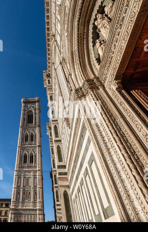 Detail of Florence Cathedral, Santa Maria del Fiore (1296-1436) with the Bell Tower of Giotto. UNESCO world heritage site, Tuscany, Italy, Europe Stock Photo