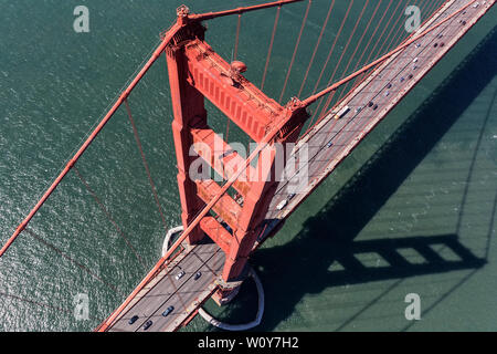 Aerial down view of traffic lanes on the Golden Gate Bridge near San Francisco California. Stock Photo