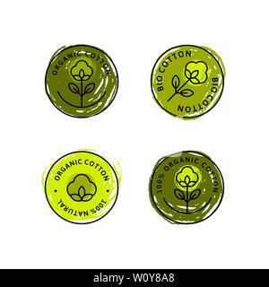 Set of Natural Organic Cotton Liner labels and badges - Vector Round green Icon, Sticker, Logo, Stamp, Tag Cotton Flower Isolated on White Background Stock Vector