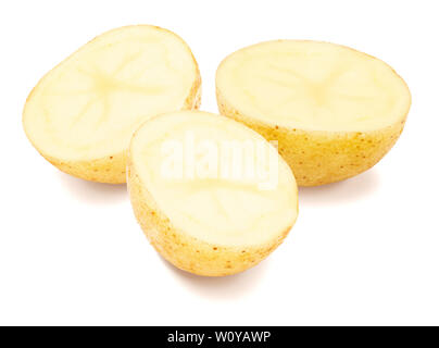Three beautiful potatoes cut in half (slices). Isolated on white background Stock Photo