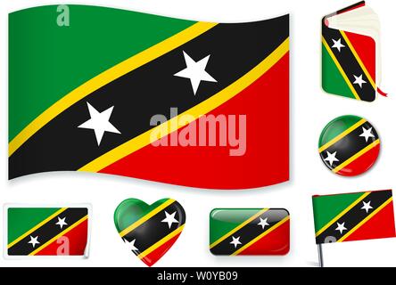 Saint Kitts and Nevis national flag. Vector illustration. 3 layers. Shadows, flat flag, lights and shadows. Collection of 220 world flags. Accurate colors. Easy changes. Stock Vector