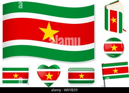 Suriname national flag. Vector illustration. 3 layers. Shadows, flat flag, lights and shadows. Collection of 220 world flags. Accurate colors. Easy changes. Stock Vector