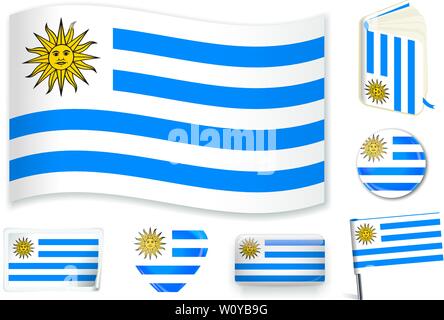 Uruguayan national flag. Vector illustration. 3 layers. Shadows, flat flag, lights and shadows. Collection of 220 world flags. Accurate colors. Easy changes. Stock Vector