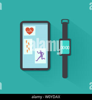 Illustration of a Fitness Watch Tracker and a Mobile Phone App Measuring Heart Beat, Foot Steps and Running Man or Exercise Stock Photo