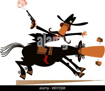Man or cowboy rides on horse illustration isolated.  Cartoon man rides on horse and shoots from the gun isolated on white illustration Stock Vector