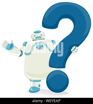 Illustration of a Robot Waving and Holding a Big Question Mark Stock Photo