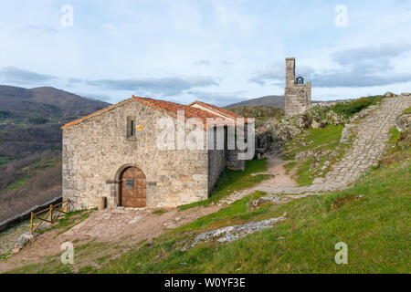 Church of San Juan Bautista and bulrush tower in Trevejo, Caceres, Extremadura, Spain Stock Photo
