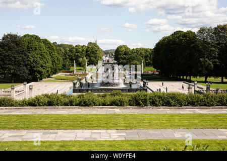 A view of the fountain from the Monolith Plateau in the Vigeland installation at Frogner Park, Oslo, Norway. Stock Photo