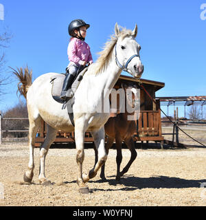 Horse riding lessons for children.Little girl on a horseback riding a white mare. Little brown foal canters alongside Stock Photo