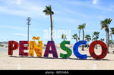 Letters of various colors with the word Penasco in the tourist destination called Puerto Penasco, Sonora, Mexico. laza or malecon of the tourist desti Stock Photo