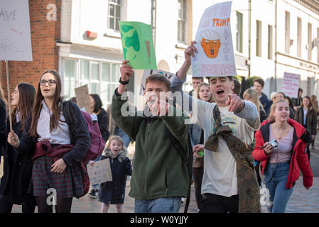Young people pointing, with Trump placards, at climate change march UK