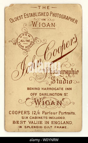 Reverse of Victorian CDV carte de visite from the 1870's, John Coopers photographic studio, Wigan Stock Photo