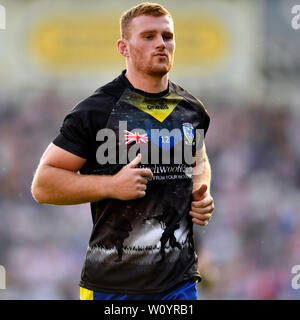 Halliwell Jones Stadium, Warrington, UK. 28th June, 2019. Betfred Superleague Rugby, Warrington Wolves versus St Helens; Jack Hughes of Warrington Wolves warming up before the game against St Helens Credit: Action Plus Sports/Alamy Live News Stock Photo