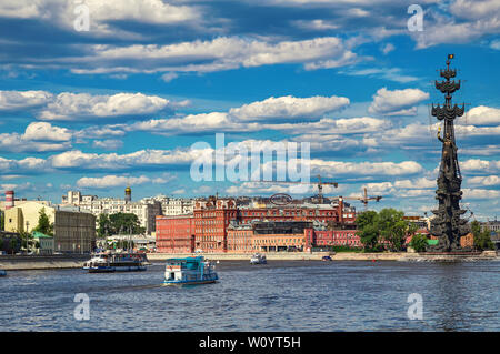 Moscow, Russia - June 24, 2019: View from Krymskaya embankment to Moscow river and Peter the Great Statue. Stock Photo