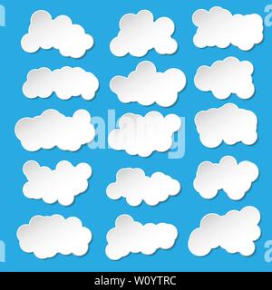 Vector set of abstract paper clouds on blue background. Stock Vector