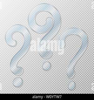 Three Glass question marks of different shapes on a transparent background. Stock Vector