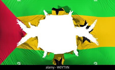 Sao Tome and Principe flag with a big hole, white background, 3d rendering Stock Photo