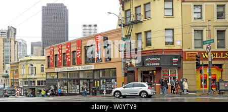 City Lights Booksellers and Publishers on Columbus Avenue in the North Beach neighborhood of San Francisco on a rainy May afternoon in 2019. Stock Photo