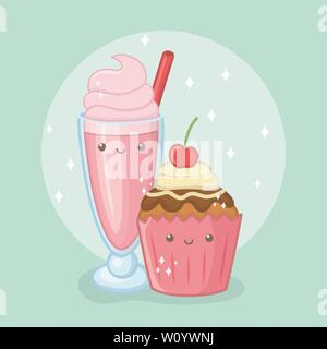 delicious and sweet milkshake and products kawaii characters vector illustration Stock Vector
