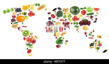 Fruits and vegetables on white background. World map Stock Photo